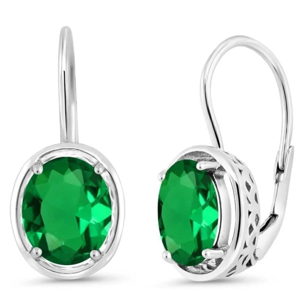 925 Sterling Silver with 3.00 Cttw Emerald Oval Leverback Drop Earrings